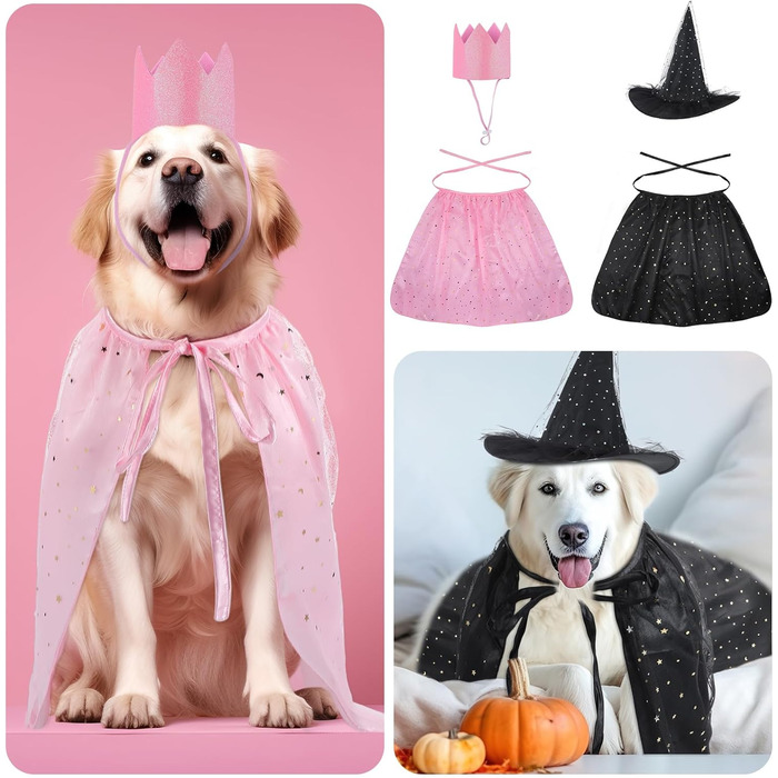 Костюм відьми на Хелловін для котів та собак, комплект з 4 частин: шапка, накидка, корона та аксесуари