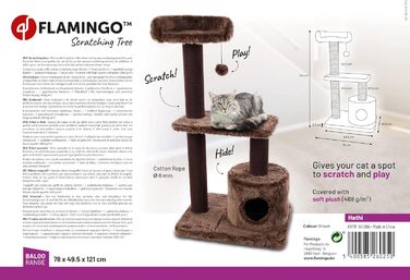 Дряпалка для котів Flamingo Hathi – Колір: Коричневий – Розміри: 78 x 49,5 x 121 см – З платформою, сховальнями та стовпчиками для дряпання з сизалю