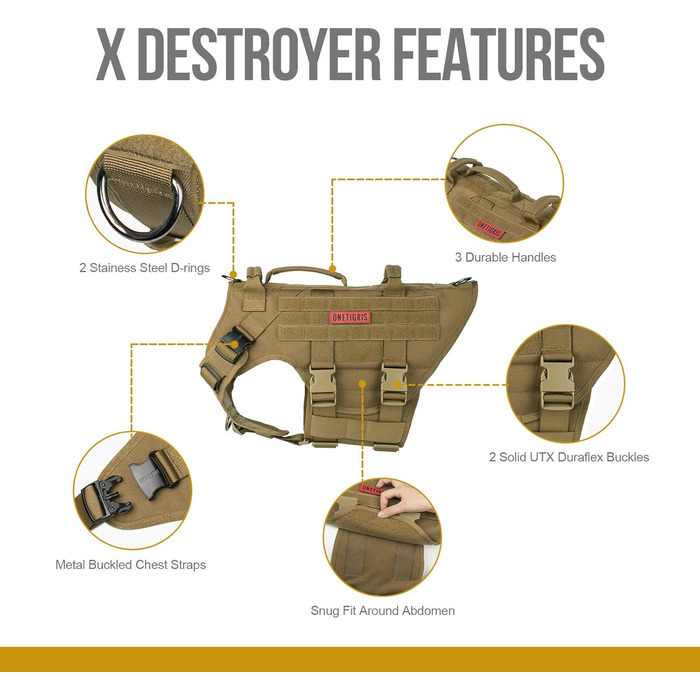OneTigris тактична шлейка для собак X Destroyer, регульована анти-заплутувальна, з 3 ручками і 2 металевими застібками, проти втечі, безпечна, коричнева, розмір S