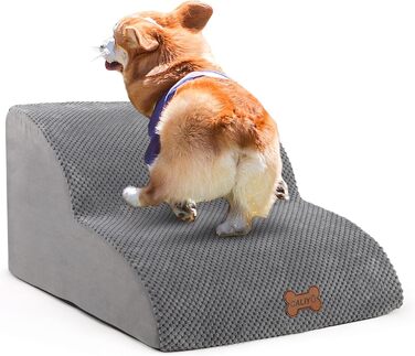 Сходинки для собак Caliyo: 3 сходинки, для маленьких собак, з високощільним губчатим матеріалом, знімний та миючий чохол, неслизьке дно (60 x 40 x 40 см, сірий)