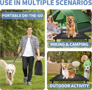 Підвищене собаче ліжко echeckige, складане, з піднятим каркасом та знімним килимком, портативне, вологостійке, для маленьких собак, для дому та вулиці, кемпінг, подорожі (L, чорний)