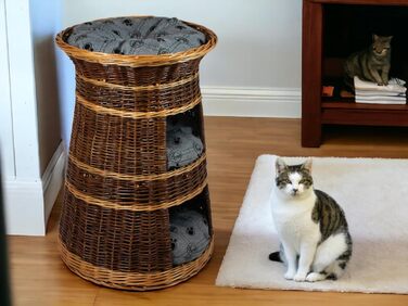 Корзина для котів для сну – котяча хатинка для дому – розмір 43 x 49 x 70 см, кругла – котяча печера з лози, трирівневе ліжко для собак або котів з пральним подушками в бежевому кольорі – лакована корзина (подушка світло-сіра)