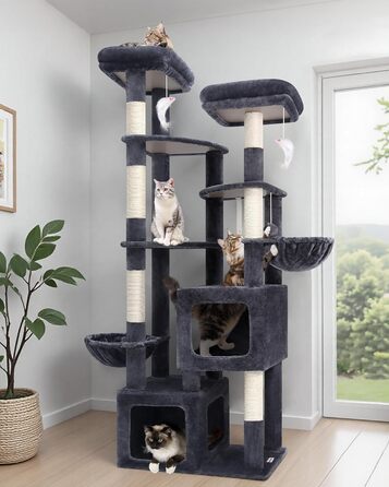 Драбина для котів Globlazer XXL (189 см) з великою печерею та платформами, 2 лежаками, 2 кошиками, стабільна конструкція, темно-сірий