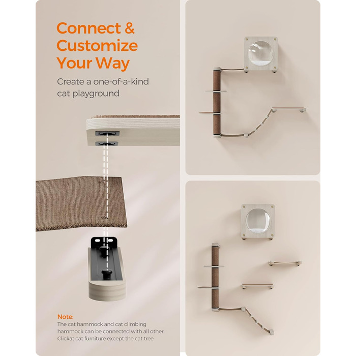 Feandrea Clickat Collection - Драбина-подряпування для котів, 100 см, товста, настінна, з 2 стійками, діаметр 10,4 см, швидка збірка, розширювана, (XXL набір меблів для котів на стіні)