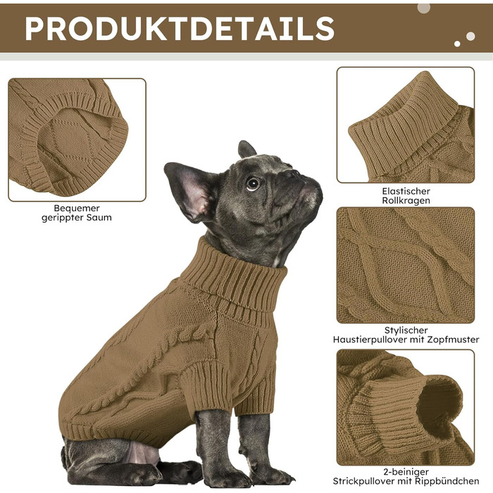 Теплий в'язаний пуловер для собак середніх порід Queenmore (для такс, французького бульдога, чихуахуа, коргі), коричневий, розмір M