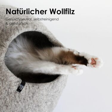 Преміум котяча печера LucyBalu® з фетру | Натуральне котяче ліжко з 100% пухкої вовни | Фетрова печера для котів ручної роботи в Непалі | Затишна котяча печера | 45x45x28 см | Білий