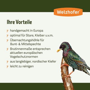 Дерев'яний шпаківня Welzhofer Toby, ручна робота, отвір 45 мм, для шпаків, дятлів, інших дуплогніздних птахів, захист від котів, зроблено в Європі
