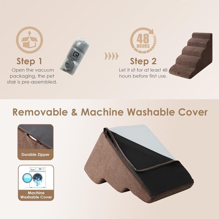 Сходинки для собак EHEYCIGA – 50 см, для маленьких собак, на диван/ліжко, з високощільним губчастим матеріалом, знімний та миючий чохол, протиковзне покриття, 4 сходинки, сірий колір (40 x 50 x 30 см, коричневий)