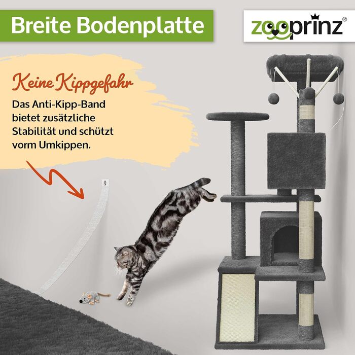 Zooprinz Преміум Котячий Дерево XXL для великих і малих котів, з товстими сизалевими стовпами, ігровою печерою, гамаком, м'ячиками, канатом і плюшевою мишею, темно-сірий