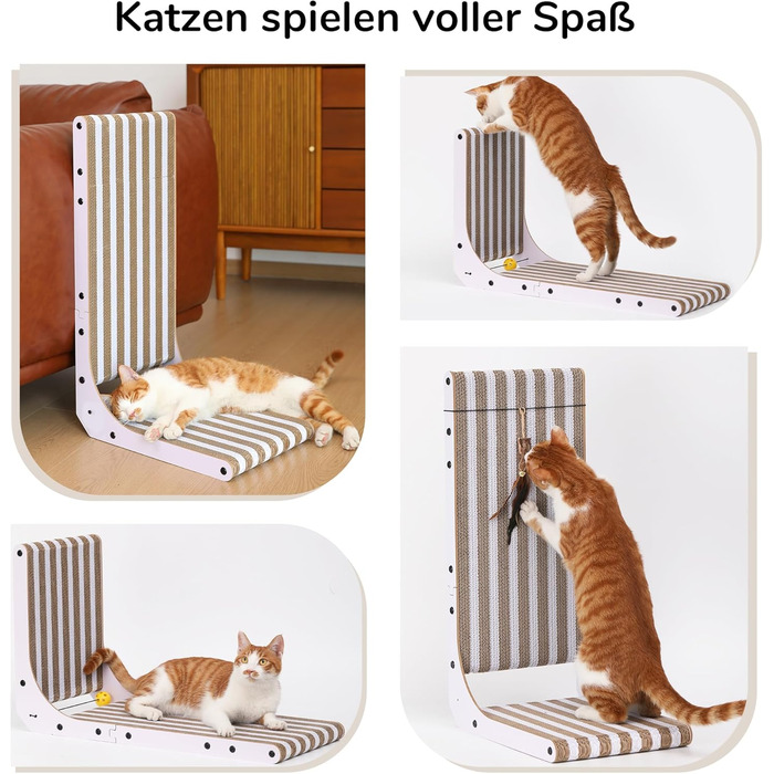 Котячий когтеточка FUKUMARU L-подібної форми, 68 см, з візерунком смуг, з іграшкою, для стіни та кута, з міцного картону