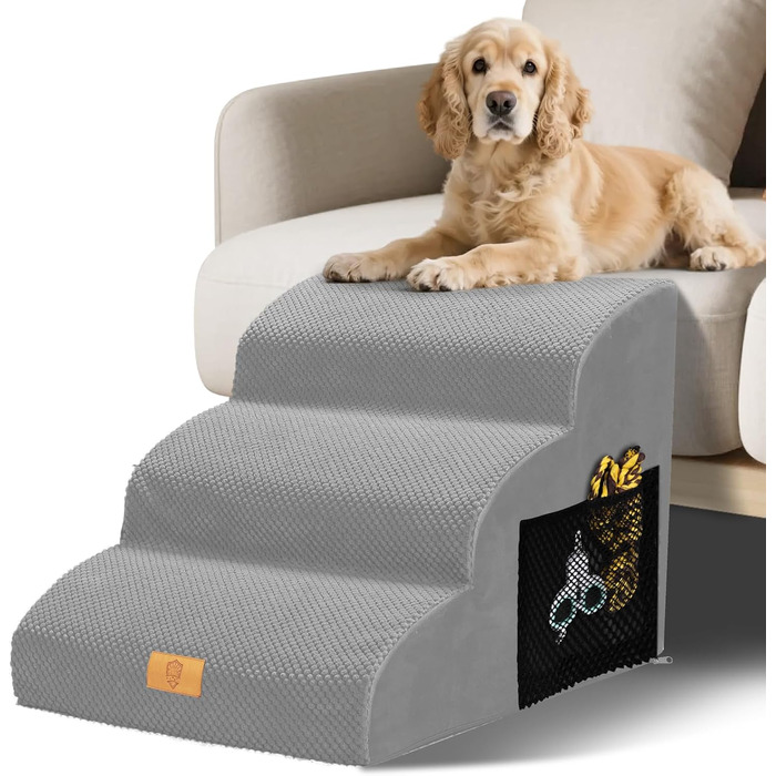 Сходинки для собак маленьких порід, 3 сходинки, водонепроникні, з високощільним губчастим матеріалом, знімні, для доступу до ліжка/софи, сірі.