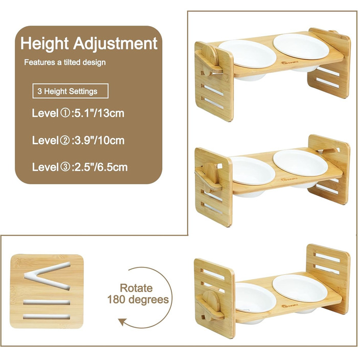 Підставка для корму для собак та котів, регульована висота, керамічна миска з бамбуковим підставкою, нахилена платформа для котів та маленьких собак (40*16)