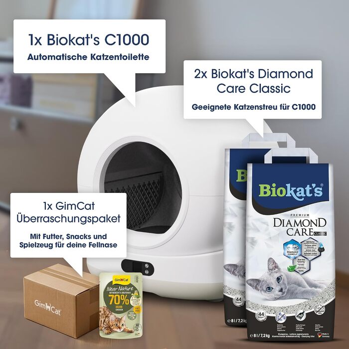 Автоматичний самоочисний лоток для котів Biokat’s C1000 з керуванням через додаток, XXL 82л, з килимком та запасом пакетів