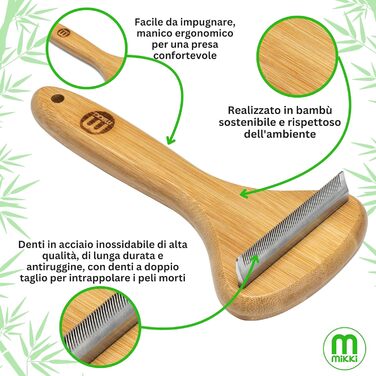 Щітка Mikki для собак та котів з бамбуковою ручкою, видаляє підшерсток та линяючу шерсть, нержавіюча сталь