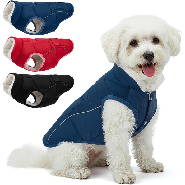 Зимовий одяг для собак Nasjac - тепла куртка зі флісовою підкладкою, світловідбиваючими смугами та кишенями, водонепроникний одяг для собак маленьких та середніх порід (Темно-синій, M)