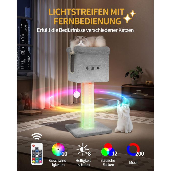Котячий комплекс Hzuaneri 99 см з LED підсвіткою, сірий – когтеточка із сизалю, велика платформа, будиночок для котів, іграшка-бомбочка, меблі для котів 45x40x99 см, модель MS99918LG