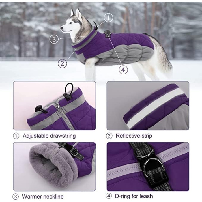Водонепроникний собачий дощовик Lelepet, тепла зимова куртка для собак з шлейкою, світловідбиваючий костюм для снігу, теплий пуловер для собак маленьких, середніх та великих порід (L)