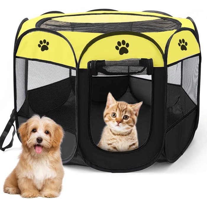 Клітка-забіг для цуценят та тварин, 74x74x43 см. Клітка-вольєр для собак, котів, кроликів та дрібних тварин для використання в приміщенні та на вулиці (жовта, восьмикутна)