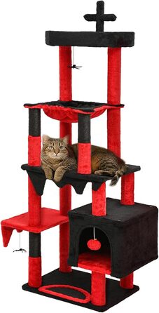 Драбинка для котів BYBYME у готичному стилі на Halloween, 168 см, стійкий комплект котячих меблів з ліжком, будиночком, гамаком та стовпчиками для шліфування кігтів (чорно-червоний), підлоговий