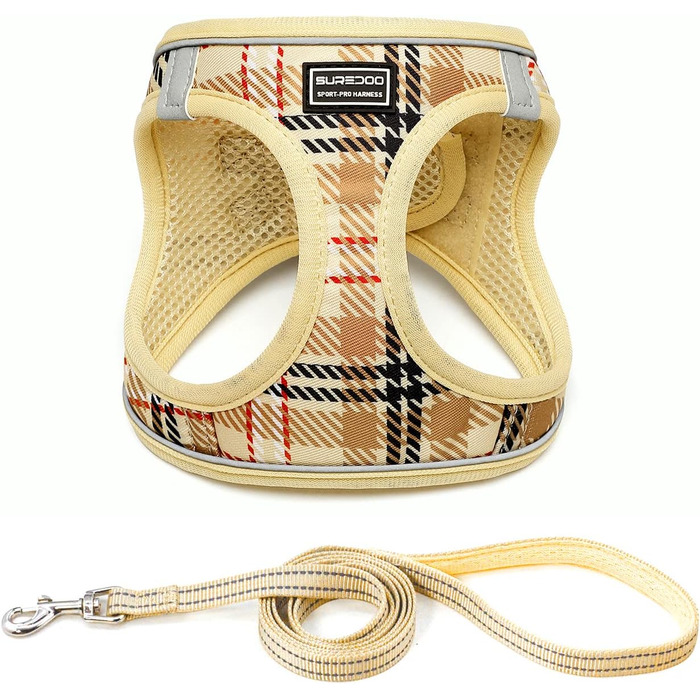 Нашийник для собак маленьких порід з повідком, анти-тягнучий, світловідбиваючий, дихаючий, нагрудник для цуценят (Бежевий, S, Обхват грудей: 29-33 см)