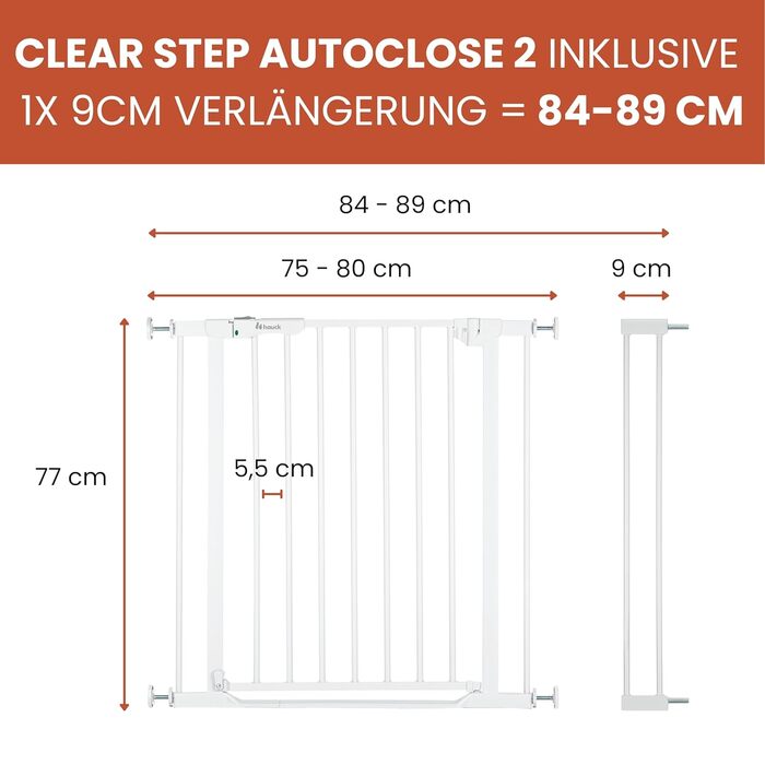 Захисне ворота для дітей Hauck Clear Step Autoclose 2, білий колір, ширина 75-80 см, висота 77 см, самозакривне, без свердління