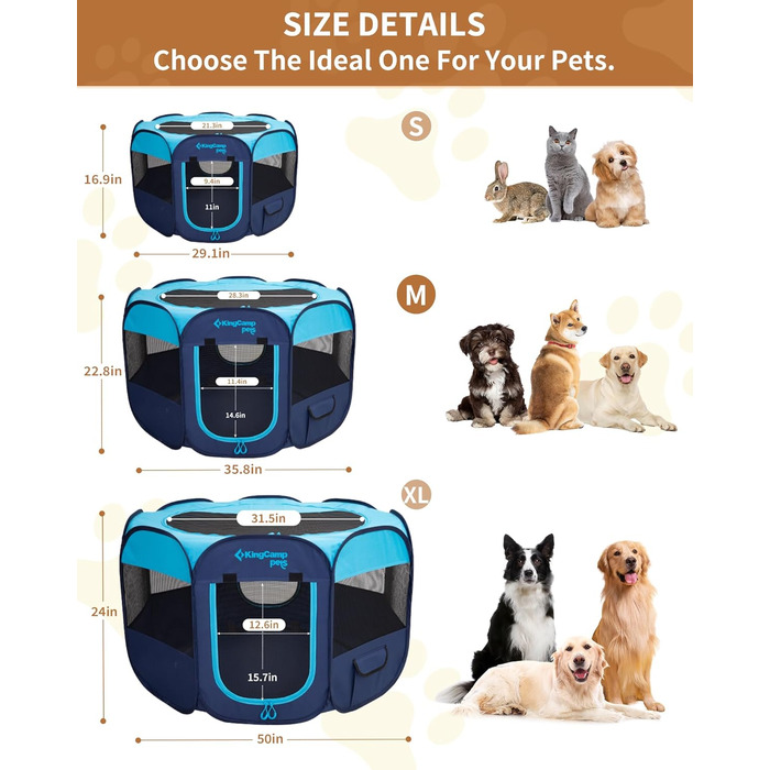 КінгКемп Переносний вольєр для собак, вольєр для цуценят, складаний вольєр для домашніх тварин, намет для собак з сумкою, для використання в приміщенні та на вулиці, знімний блискавкою низ, розмір S (вольєр для тварин з 8 панелей, блакитний)