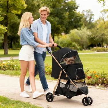 Візок для собак та котів YITAHOME 15 кг, 3 колеса, сітко-вікно, гальма, міцний, чорний