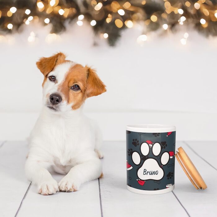 PICANOVA Набір миски та контейнера для ласощів для собак з іменем - Персоналізований набір у різдвяному дизайні. Керамічний набір миски та контейнера для ласощів як подарунок для власників домашніх тварин. Дизайн Candy Bones (набір Санта-шапок)