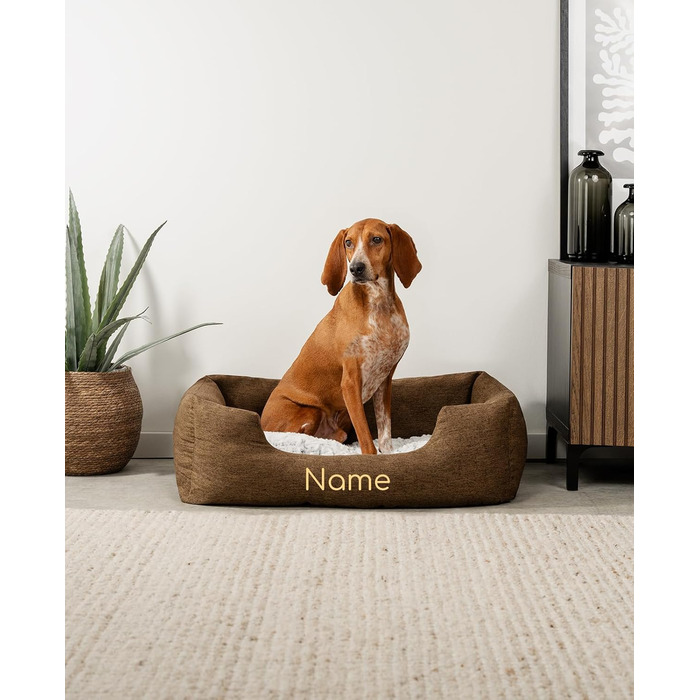 Клітка-лежанка для собак Lionto з м'яким змінним подушками, затишна лежанка для домашніх тварин у меланжевому дизайні з глибоким входом для собак та котів усіх розмірів, 80x60 см, м'яка лежанка для собак, коричнева (з написом) Коричнева L 80 x W 60 x H 26