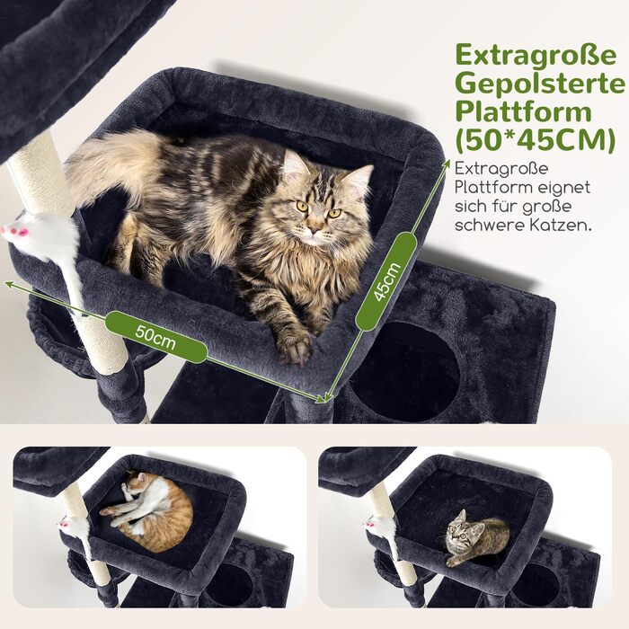 Комплекс для котів Globlazer XXL 207 см з будиночком 45x35 см, платформами, стовпчиками обмотаними сизалем (8 шт.) для великих котів, темно-сірий