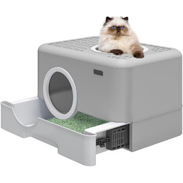 Туалет для котів з кришкою YITAHOME, великий, із шухлядою та совком, без запаху, сірий