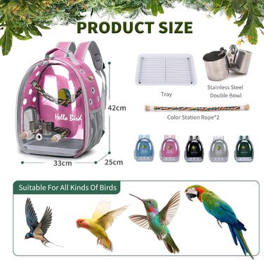 PETCUTE Рюкзак для птахів з дерев'яною жердкою, рожевий: переноска, транспортна сумка, рожевий рюкзак для папуг з підставою з нержавіючої сталі