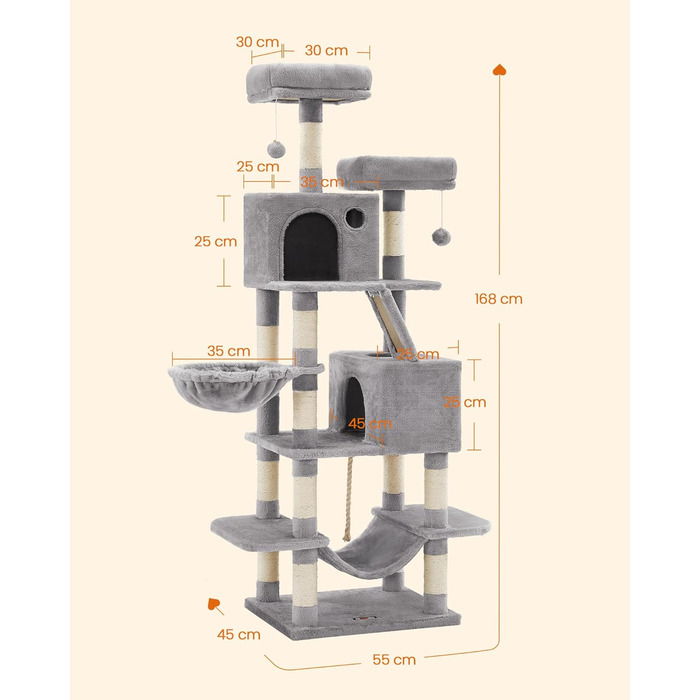 Багатоповерховий котячий будиночок Feandrea з 13 стовпчиками для дряпання, 2 платформами, 2 печерами, гамаком та іграшками, 168 см, сірий