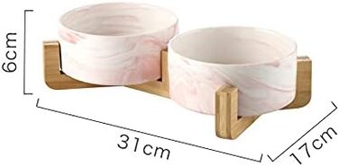 Миска для собак SP SEMPRE з кераміки з бамбуковим тримачем, піднята миска (подвійний розмір 13,5 см, рожевий мармур)