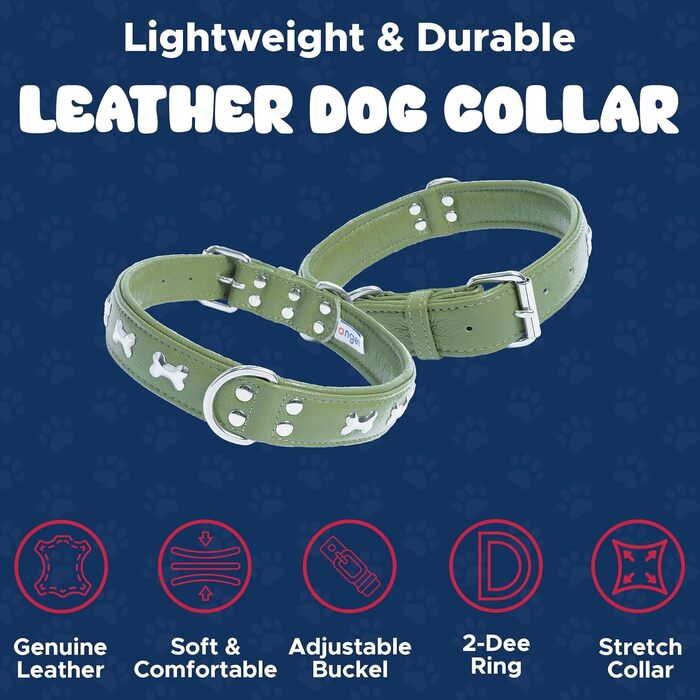 Шкіряний нашийник для собак Angel Pet Supplies, зелений, подвійний, м'яка підкладка, 40,6×3 см, для шиї 29,2–35,6 см