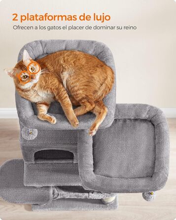 Котячий комплекс Feandrea 112 см, 11 стовпчиків, 2 платформи, будиночок, гамак, іграшки, плюш, багаторівневий, світло-сірий