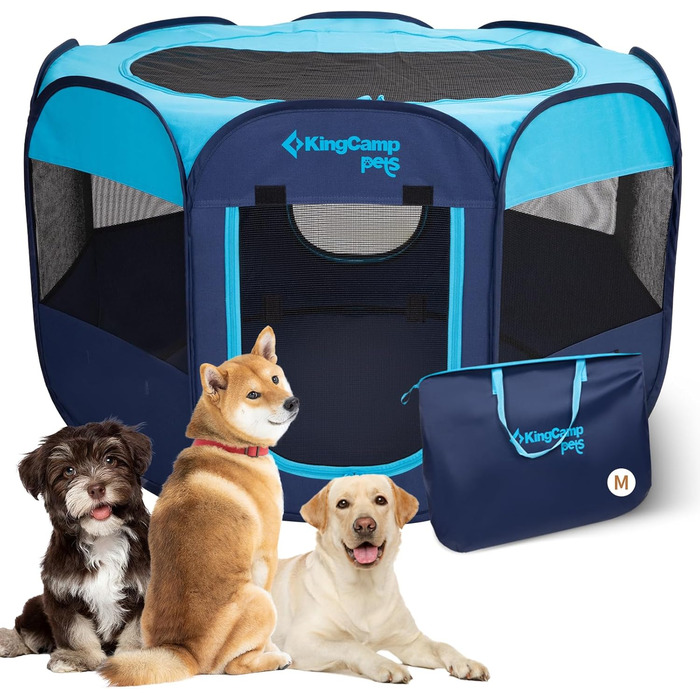 КінгКемп Переносний вольєр для собак, вольєр для цуценят, складаний вольєр для домашніх тварин, намет для собак з сумкою, для використання в приміщенні та на вулиці, знімний блискавкою низ, розмір S (вольєр для тварин з 8 панелей, блакитний)