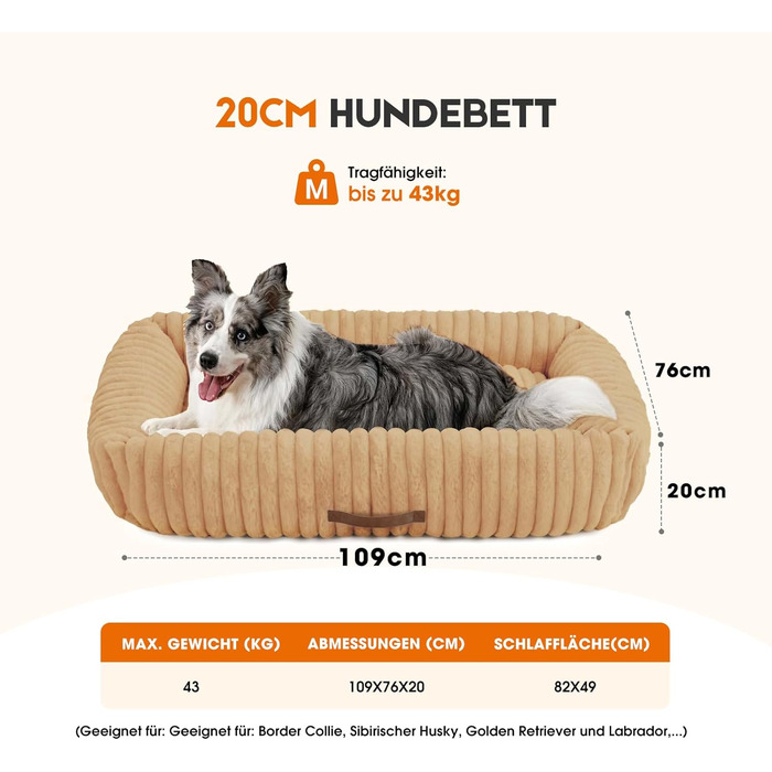 Ортопедичний лежак для собак великих порід, лежанка для собак, з м'якою подушкою для шиї, знімний, миючий, з ручками, XL, 109 x 76 x 20 см