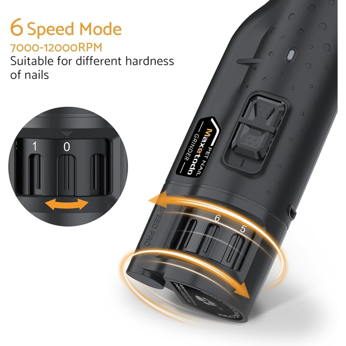 Maxetodo електрична машинка для стрижки кігтів собак, 6 швидкостей, USB, з 2 LED-лампами, тиха, зі знімною кришкою для великих, середніх і малих собак