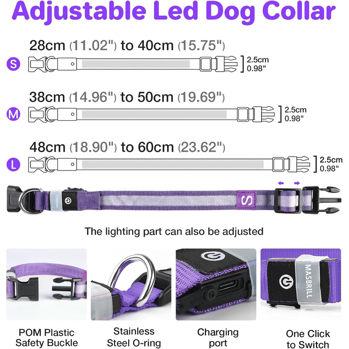 Світловідбиваючий нашийник для собак ASBRILL з USB-C, LED нашийник для собак, регульований, водонепроникний, 3 режими світіння, для малих, середніх та великих собак (L, фіолетовий)