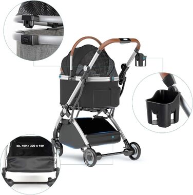 Візок для собак Fudajo 2в1, розкладний, з сумкою-переноскою, для собак та котів (чорний, до 15 кг)