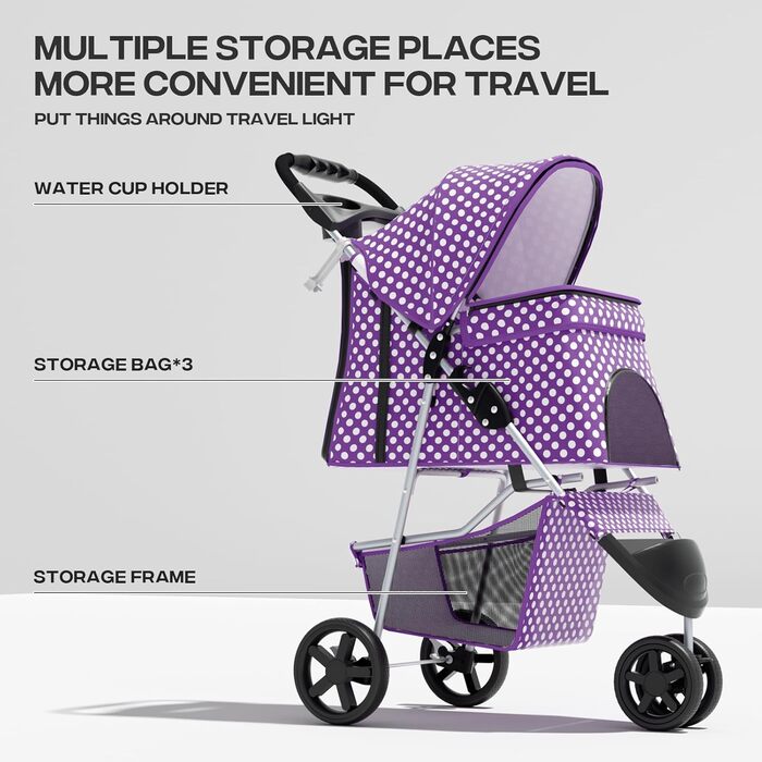 Дитяча коляска для котів та собак, 3 колеса, фіолетовий принт, з кошиком та тримачем для напоїв