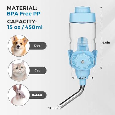 Пляшка для води Vannon для домашніх тварин, 450 мл, BPA-free, захист від протікань, стійка до покусів, для маленьких собак і котів, синя