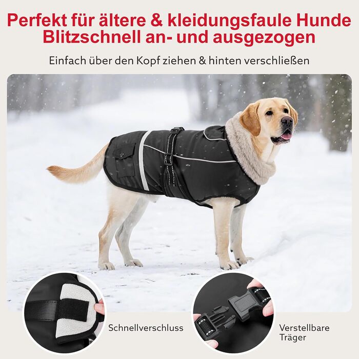 Водонепроникний зимовий одяг для собак, теплий флісовий одяг для великих собак, з регульованими плечовими ременями та світловідбиваючими смугами, підходить для лабрадорів, чорний, XL