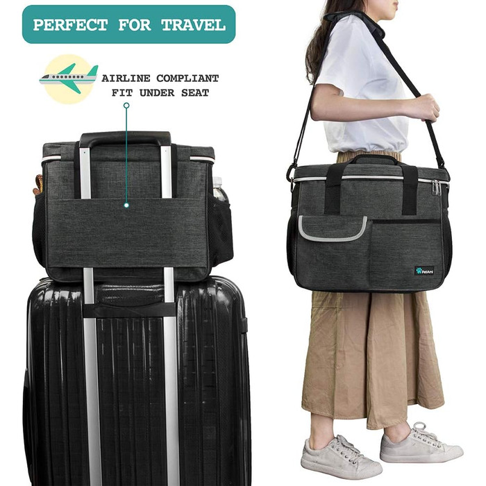 PetAmi переносна сумка для собак та котів, відповідна вимогам авіакомпаній, органайзер з багатофункціональними кишенями, контейнер для їжі та складний миска (Антрацит, маленька) Розміри: 37 x 19 x 30 см, Темно-сірий