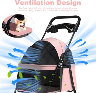 Kamulouk Візок для собак з 4 колесами, туристичний, для вигулу домашніх тварин, з тримачем для напоїв, універсальний для котів та собак, з дихаючою сіткою, для середніх та маленьких собак (Рожевий)