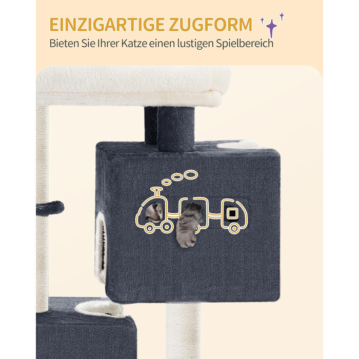 Дерево для котів Hzuaneri, 75 см, зі стійкою конструкцією, великою лежанкою, котячою печеркою, сизалевими стовпчиками, кошиком та іграшками, сірий колір
