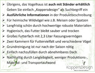 Силосна годівниця для птахів Koppersdesign, підвісна, водостійка, FSC-тверда деревина, шиферний дах, люксова ручна робота, дві камери для корму