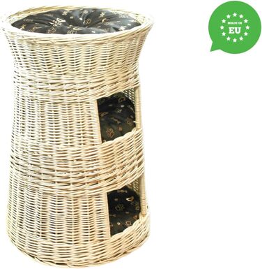 Кігтеточка-ліжко для котів: кругла хатинка з ротангу, триповерхове ліжко для собак та котів, колір білий (з коричневими та золотими подушками)