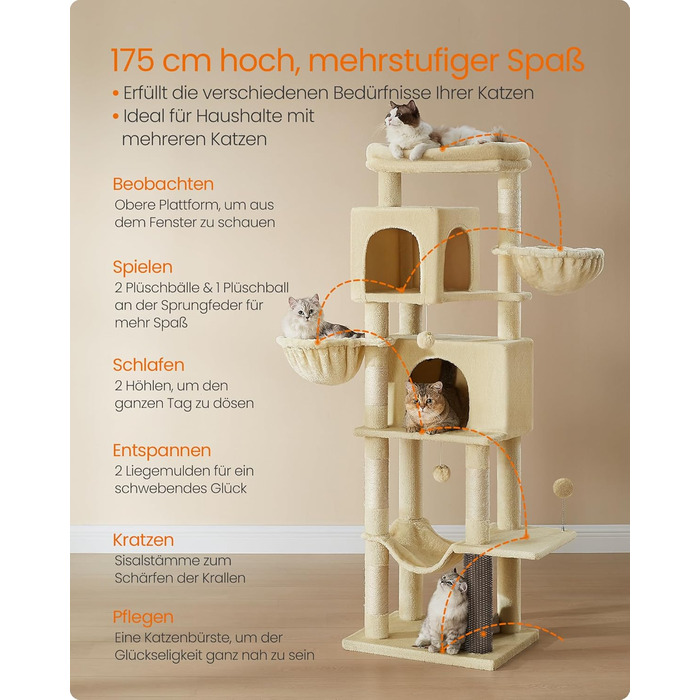 Дерев'яний будиночок для котів Feandrea, 175 см, XL, багатоярусний, з 2 будиночками, 2 лежаками, 5 стовпчиками для шліфування, щіткою для котів, великою платформою, пісочно-бежевий
